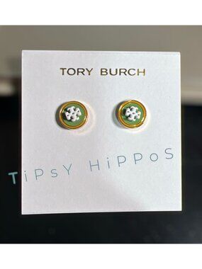 TORY BURCH Kira Green and White Enamel Stud Earrings
